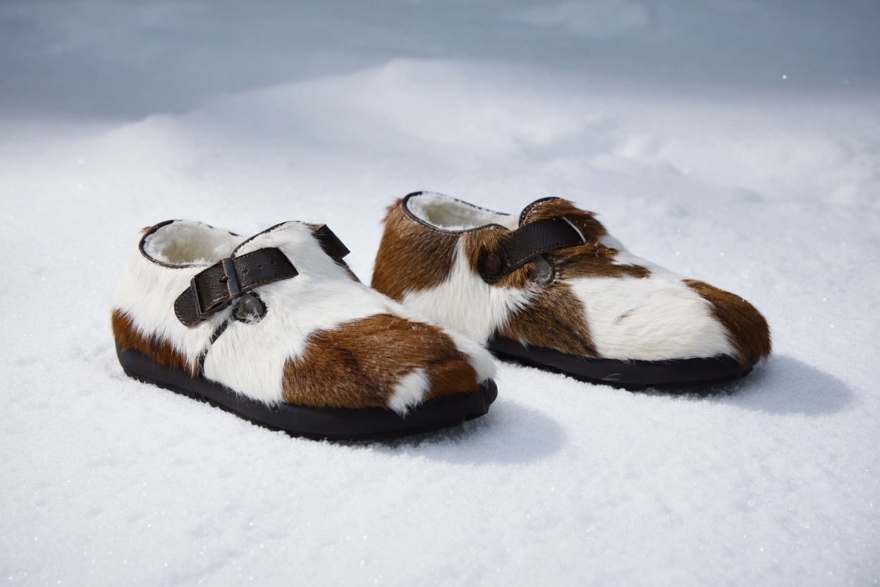 MOGSki handcrafted natural fur slippers in snow setting, genuine sheepskin luxury moccasin style, artisan made Mongolia