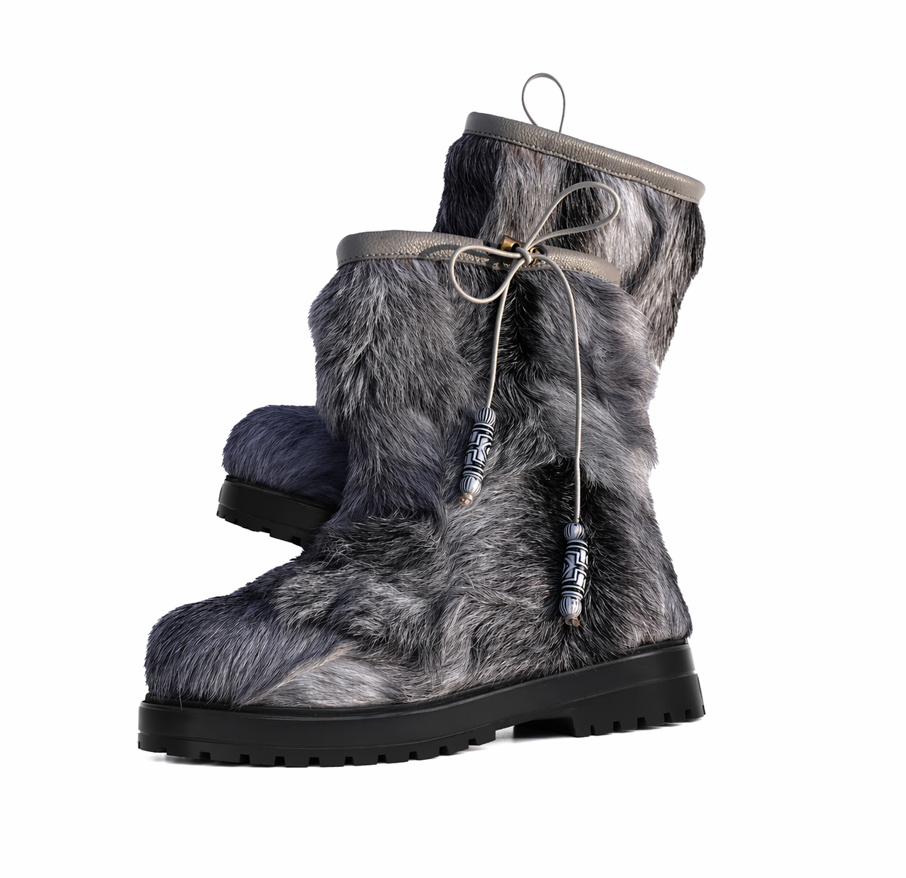 MOGSki fuzzy natural fur winter boots with decorative detail, luxury handcrafted Mongolian footwear artisan made