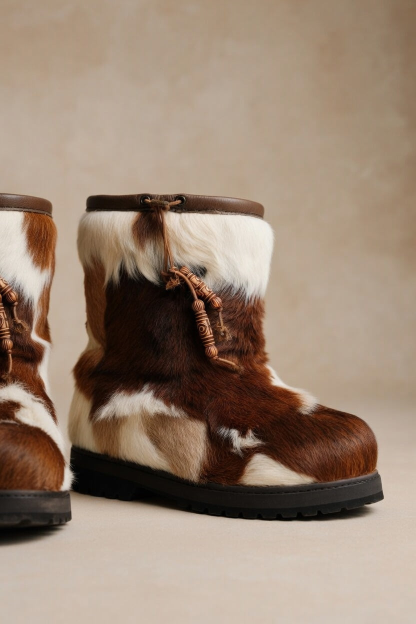 MOGSki leather and fur ankle boot detail, handcrafted natural hide luxury footwear artisan made Inner Mongolia