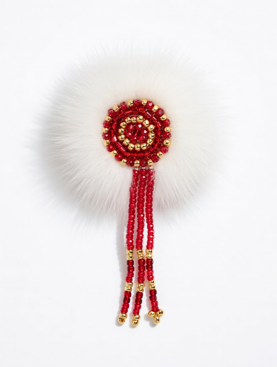 MOGSki natural mink fur brooch with red hand-beaded rosette and fringe drops, luxury artisan jewelry from Inner Mongolia