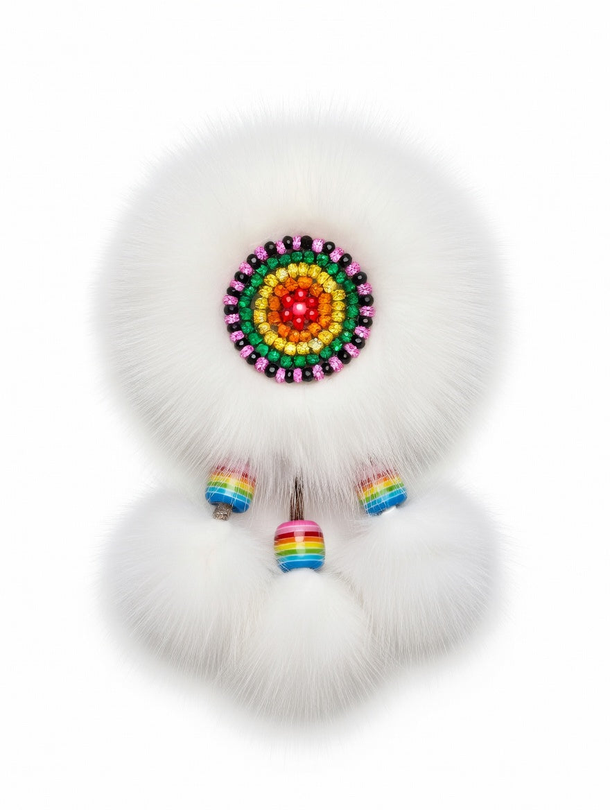 MOGSki natural white mink fur earrings with teal and green beaded Mongolian detail, luxury artisan jewelry Inner Mongolia