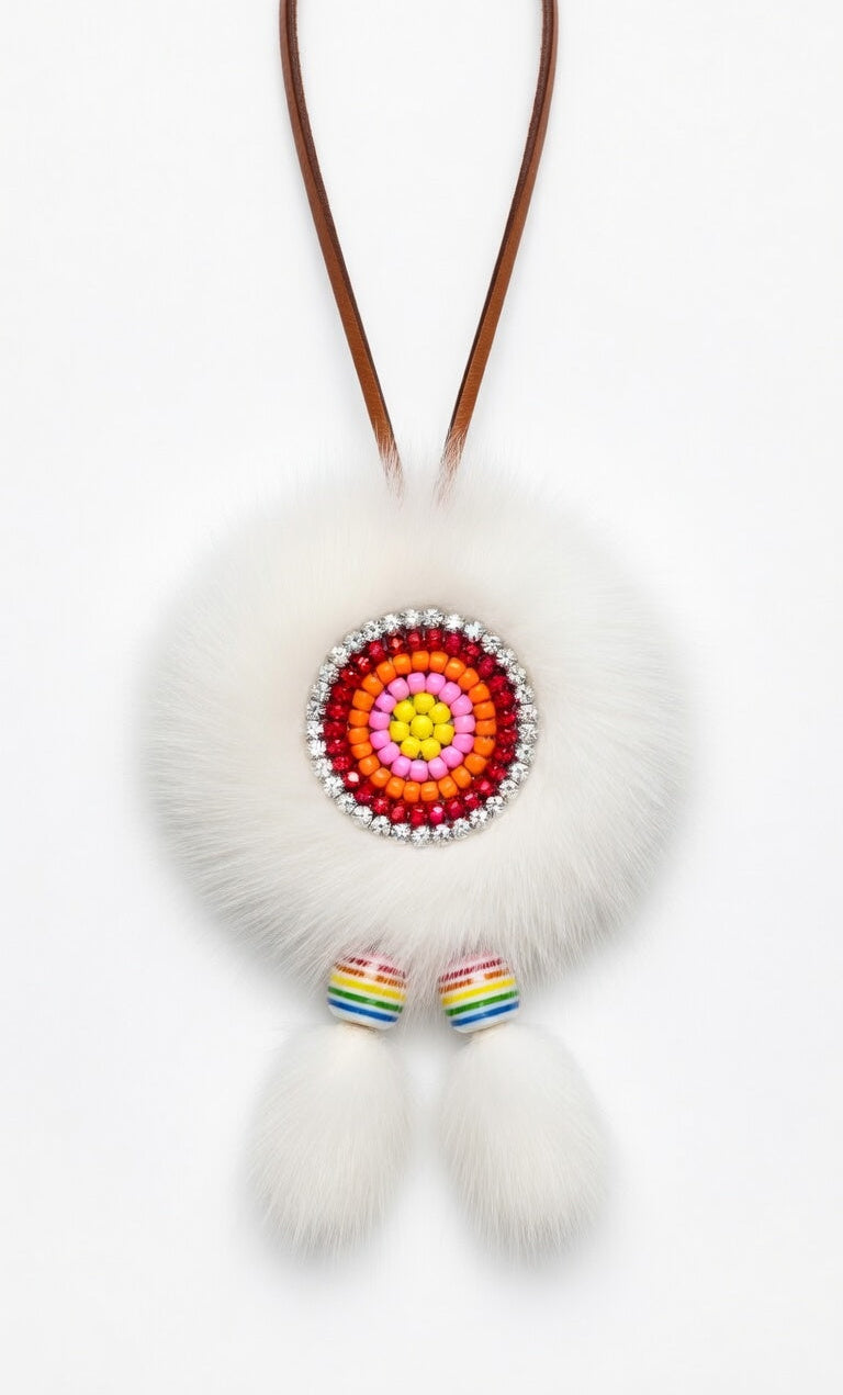 MOGSki natural mink fur ball necklace with amber stone center, handcrafted luxury jewelry from Inner Mongolia artisan