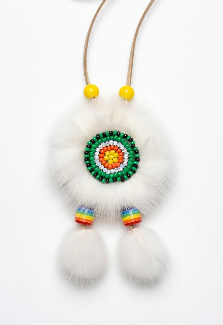MOGSki handcrafted mink fur ball necklace with circular stone accent, genuine fur luxury artisan jewelry Mongolia