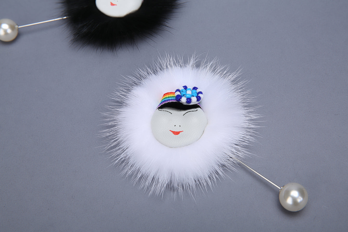 MOGSki artisan mink fur brooch, genuine natural fur with crystal accent, one of a kind luxury jewelry Inner Mongolia
