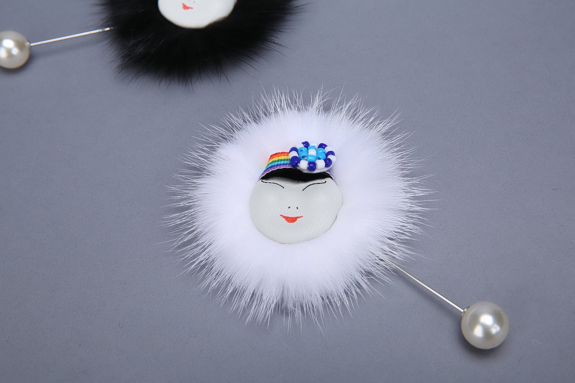 MOGSki artisan mink fur brooch, genuine natural fur with crystal accent, one of a kind luxury jewelry Inner Mongolia
