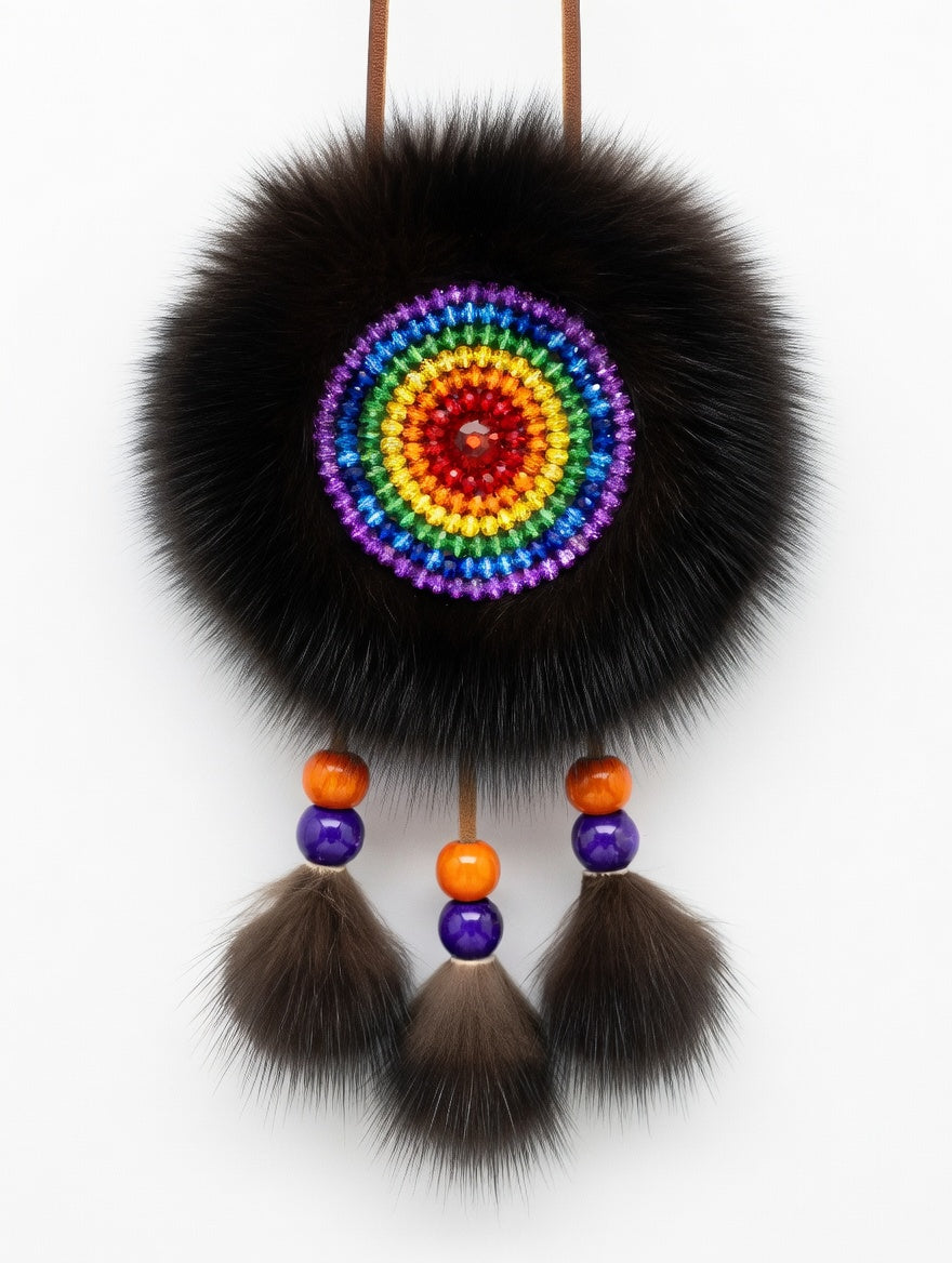 MOGSki natural mink fur brooch with hand-beaded rainbow Evenki sunflower pattern, luxury artisan jewelry from Inner Mongolia