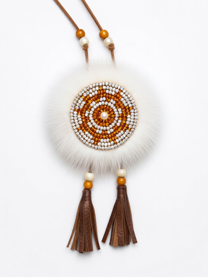 MOGSki handcrafted natural mink fur disc necklace with warm-tone beaded Mongolian motif and tassel, luxury artisan jewelry