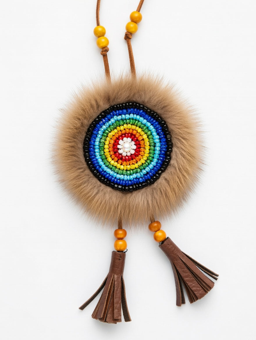 MOGSki handcrafted natural fox fur pompom brooch with hand-beaded Mongolian sunflower center, luxury artisan jewelry Inner Mongolia