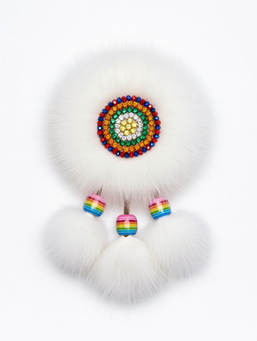 MOGSki handcrafted mink fur drop earrings with earth-tone beaded Evenki pattern, luxury artisan jewelry Inner Mongolia