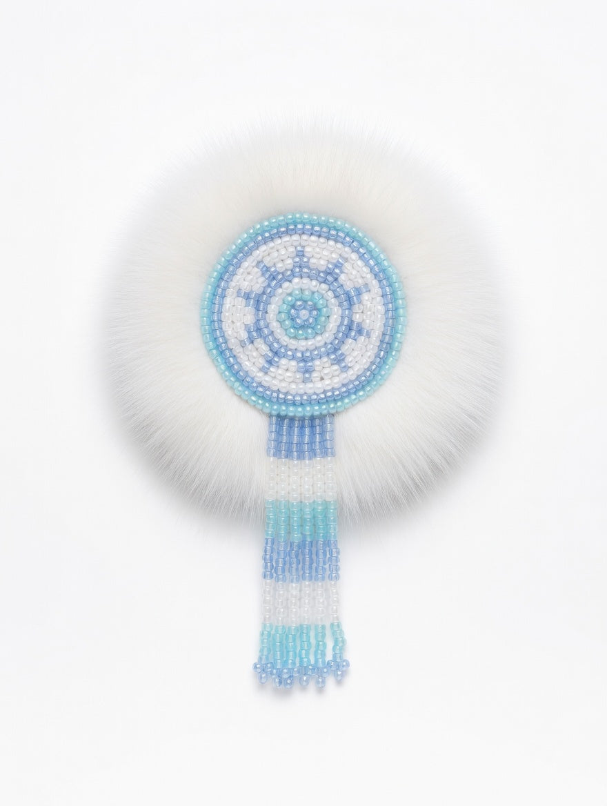 MOGSki handcrafted natural mink fur earrings with blue Evenki sunflower beadwork and fringe drops, luxury artisan jewelry