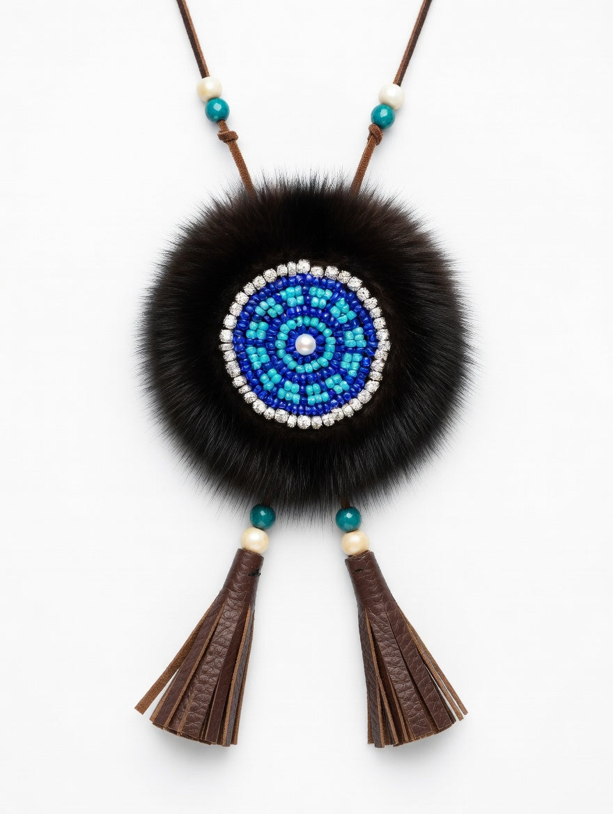 MOGSki natural mink fur pendant with bold blue beaded Evenki sunflower on black fur, luxury artisan jewelry Mongolia