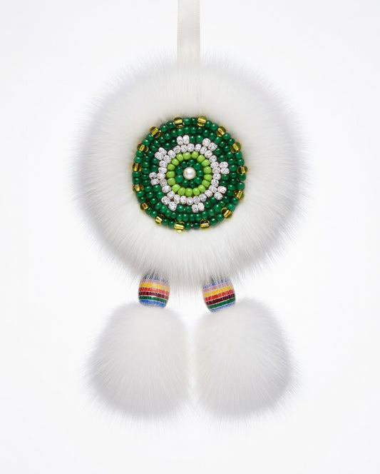 MOGSki natural mink fur pendant with hand-beaded green stone center, luxury handcrafted Mongolian artisan jewelry