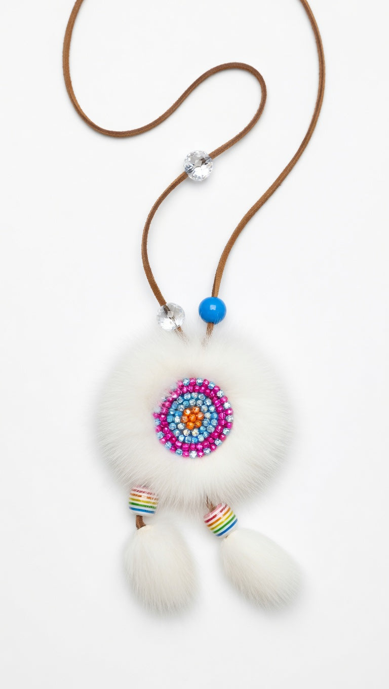 MOGSki handcrafted mink fur ball pendant with lavender stone, luxury natural fur artisan jewelry from Inner Mongolia