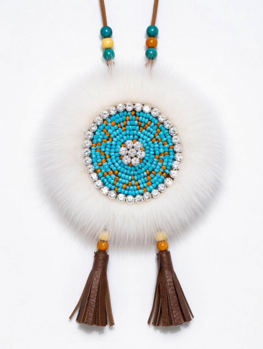 MOGSki handcrafted pendant with natural mink fur disc and turquoise hand-beaded Evenki motif, luxury artisan jewelry Mongolia