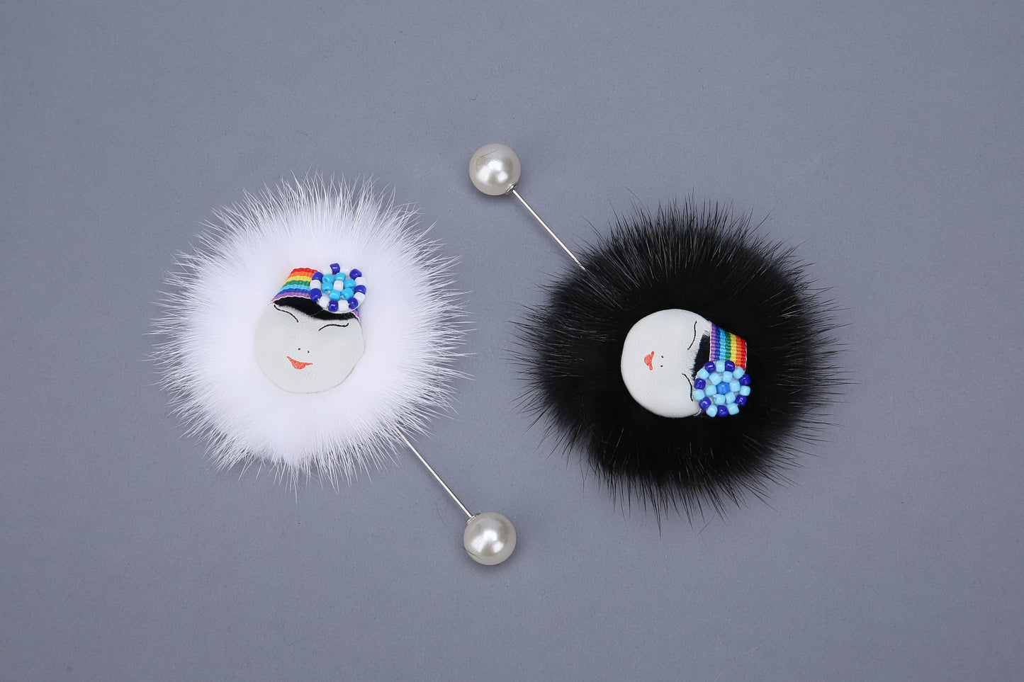 MOGSki handcrafted mink fur pompom brooch with crystal pin, natural undyed fur luxury artisan jewelry Inner Mongolia