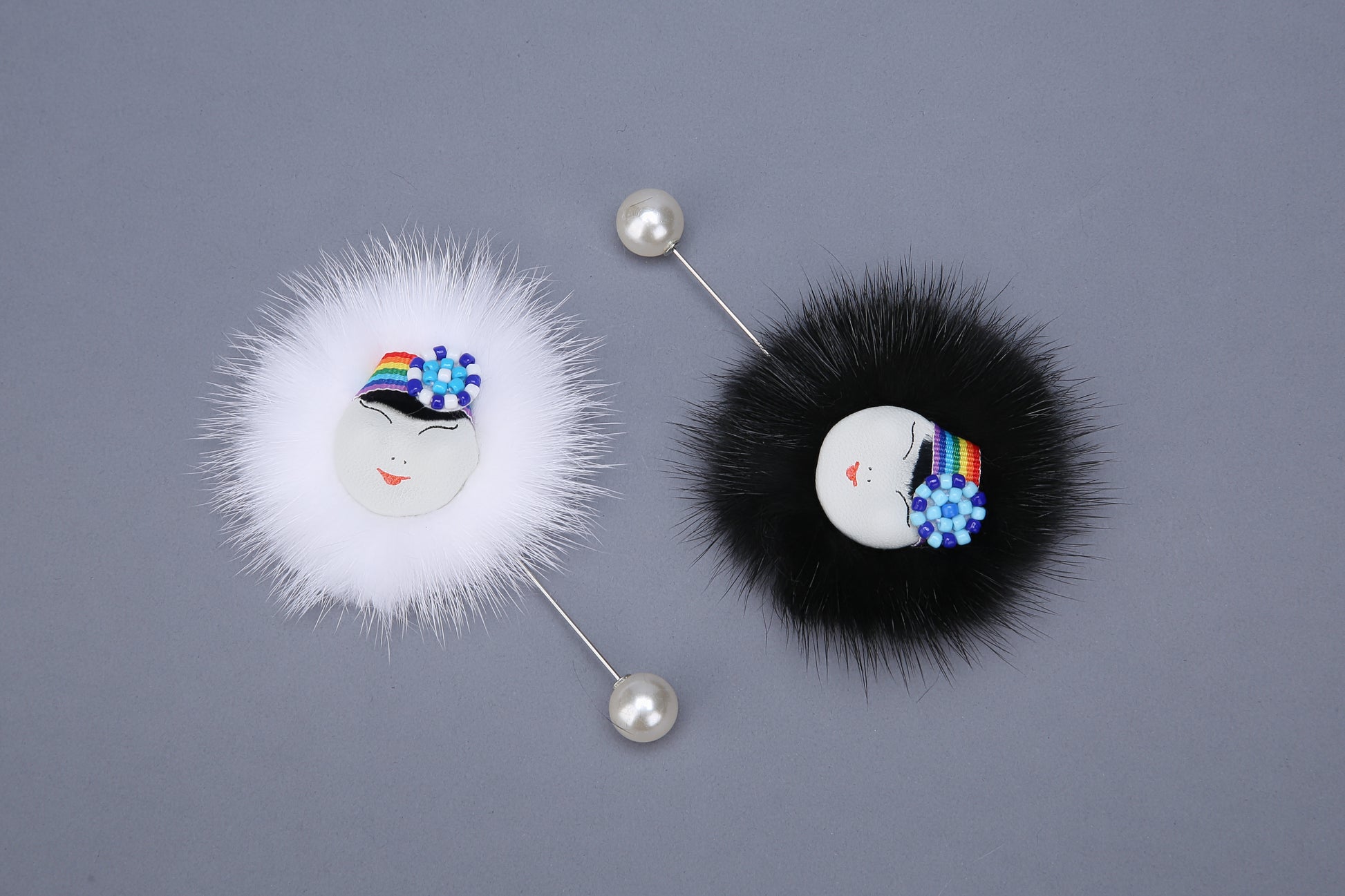 MOGSki handcrafted mink fur pompom brooch with crystal pin, natural undyed fur luxury artisan jewelry Inner Mongolia