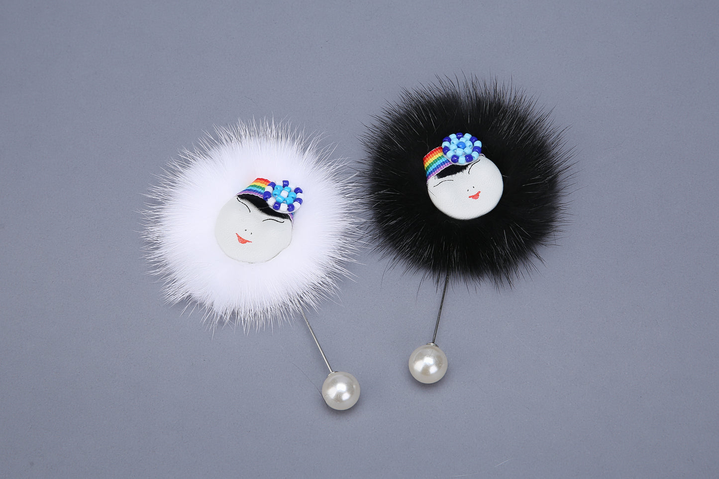 MOGSki natural mink fur brooch detail, genuine fur pompom luxury accessory, handmade by artisan women Inner Mongolia