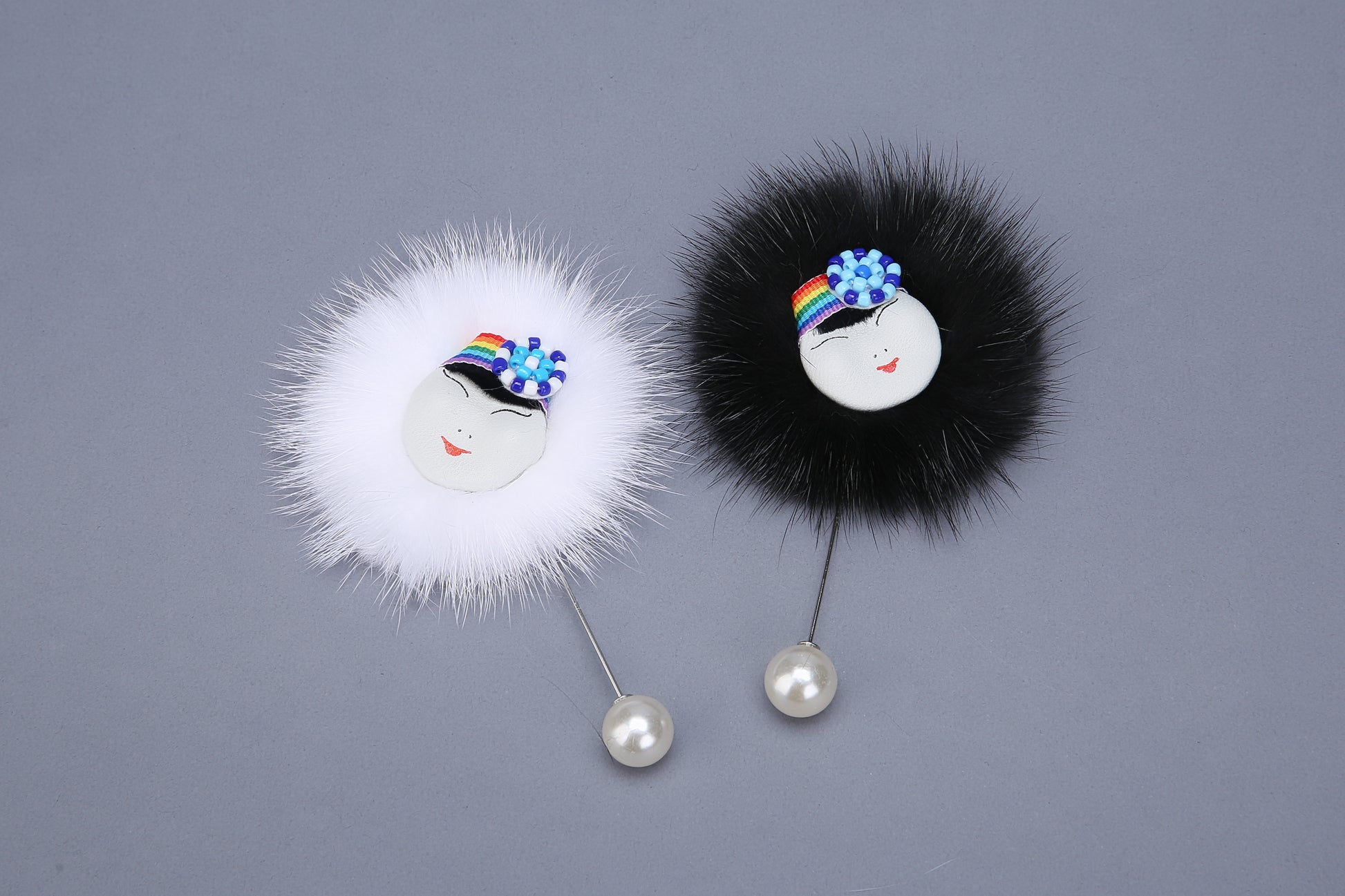 MOGSki natural mink fur brooch detail, genuine fur pompom luxury accessory, handmade by artisan women Inner Mongolia