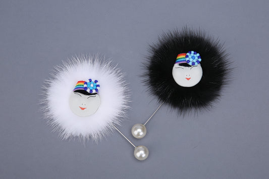 MOGSki handcrafted real mink fur pompom accessory, natural undyed fur luxury brooch, made by Mongolian artisans