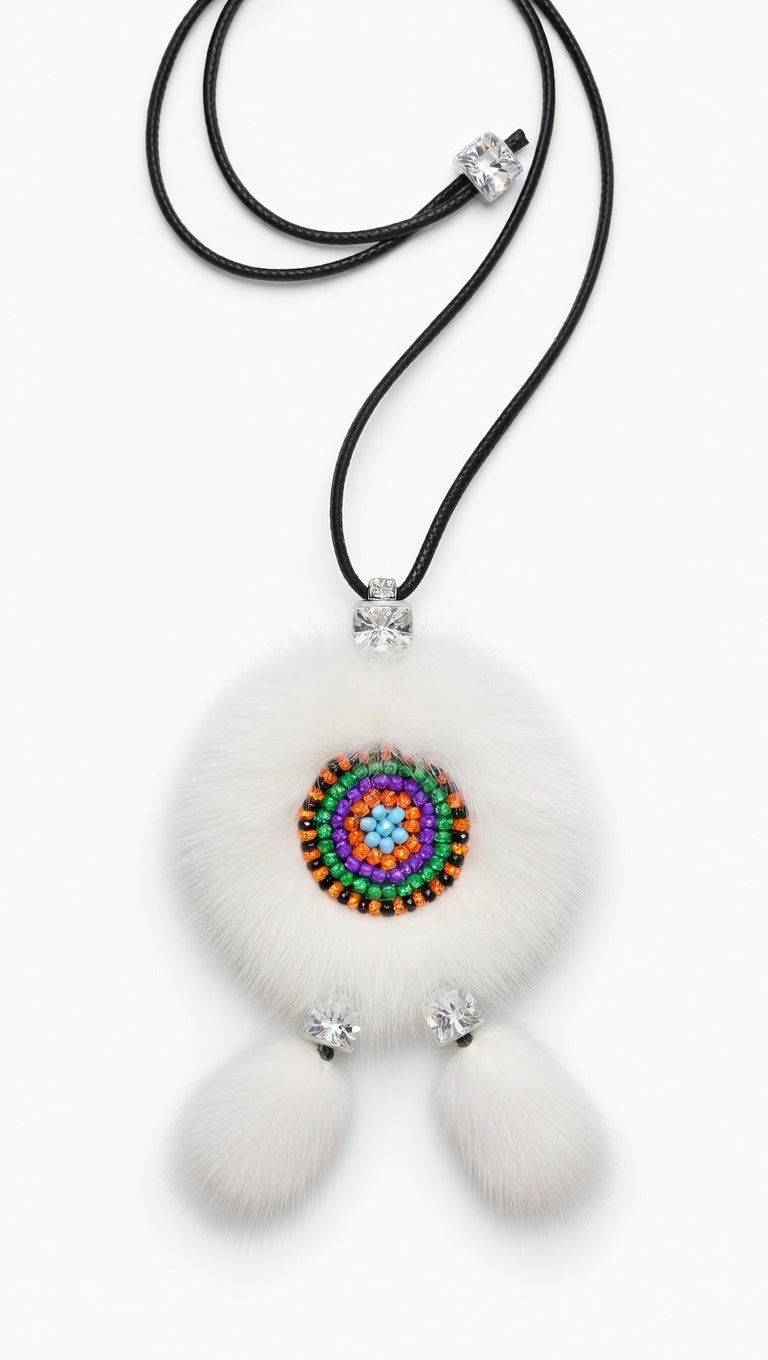 MOGSki handcrafted mink fur pompom necklace with crystal accent, luxury artisan jewelry natural fur Inner Mongolia