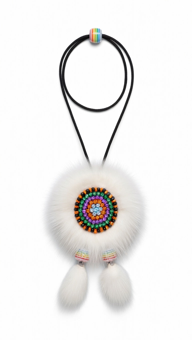 MOGSki natural mink fur pompom necklace with earth tone stone detail, handcrafted luxury jewelry Inner Mongolia