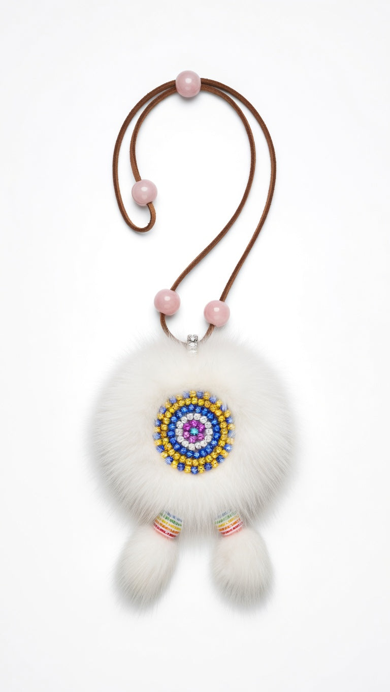 MOGSki natural mink fur pompom pendant close up, handcrafted luxury fur jewelry artisan made in Inner Mongolia