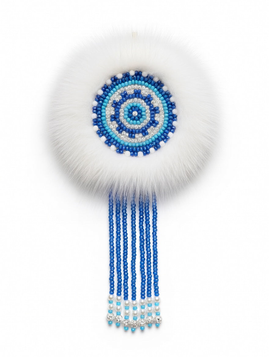 MOGSki natural mink fur pendant with blue beaded geometric Evenki pattern and fringe drops, luxury artisan jewelry