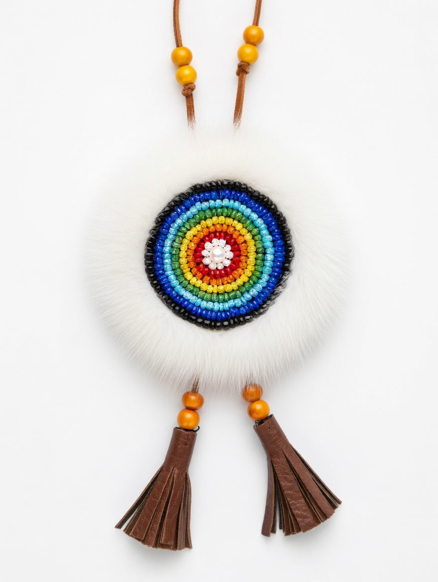 MOGSki natural mink fur pendant with rainbow beaded Evenki concentric circle design, luxury artisan jewelry Mongolia