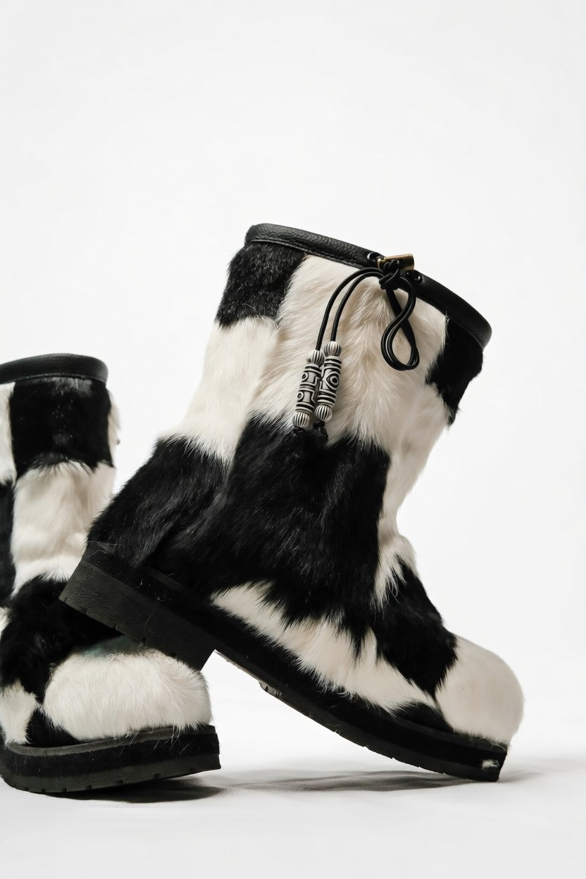 MOGSki natural cowhide fur slippers, genuine hide with natural marking, handcrafted luxury indoor footwear Inner Mongolia
