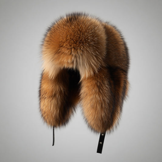 MOGSki raccoon fur trapper hat ear flaps down, rich natural fur texture, luxury handmade hat from Inner Mongolia