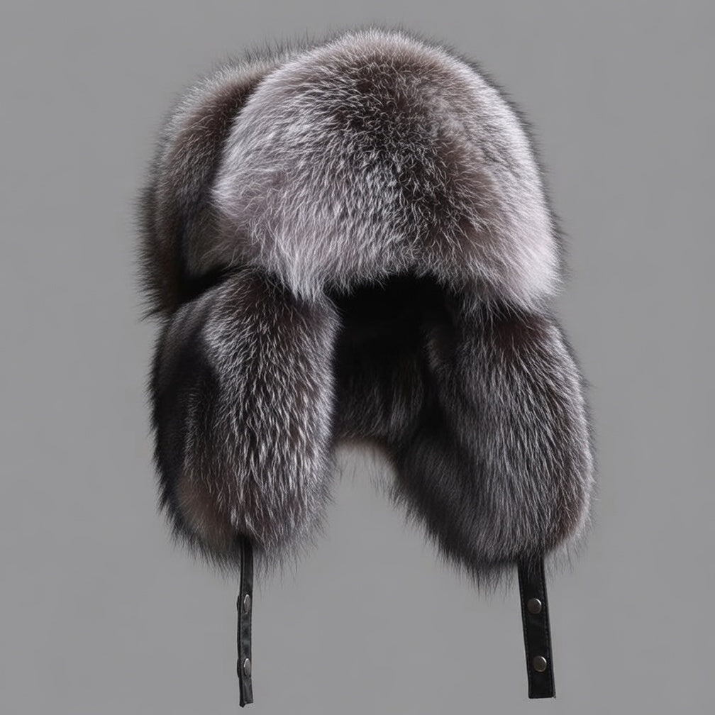 MOGSki handcrafted golden raccoon fur trapper hat front view, natural undyed fur luxury winter hat from Inner Mongolia