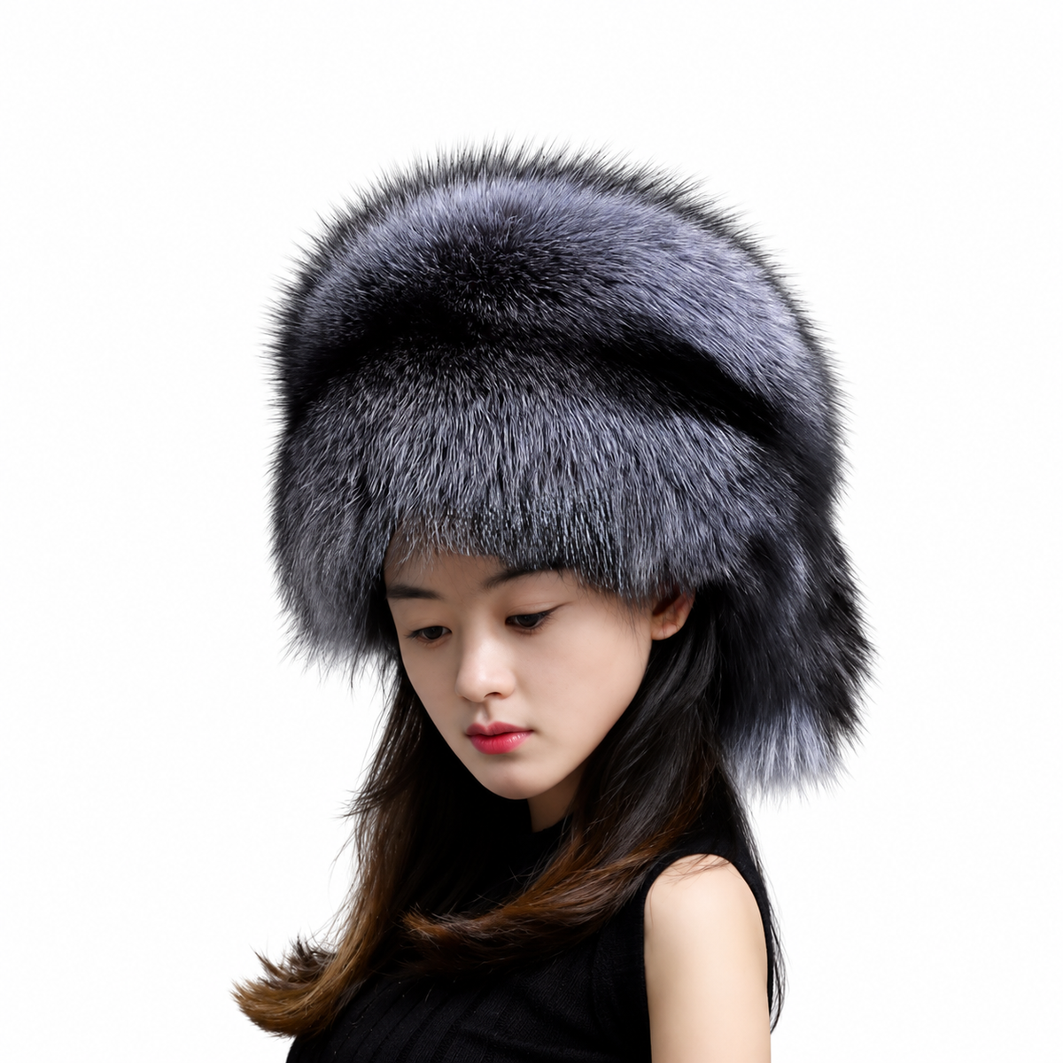 Model wearing MOGSki Smoke Grey Fox Tail Crown Hat, three-quarter portrait on white