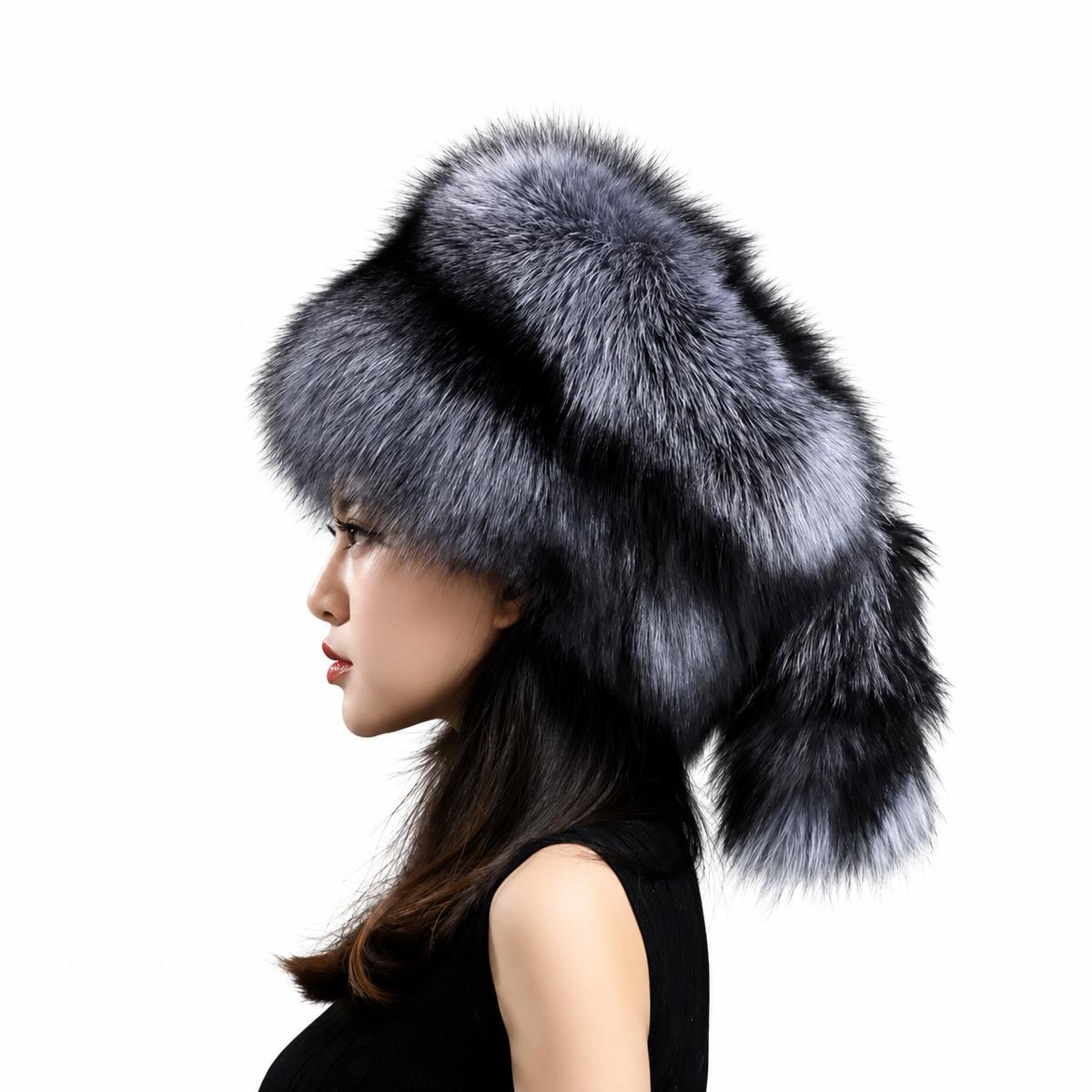Model wearing MOGSki Smoke Grey Fox Tail Crown Hat, left-facing profile on white background