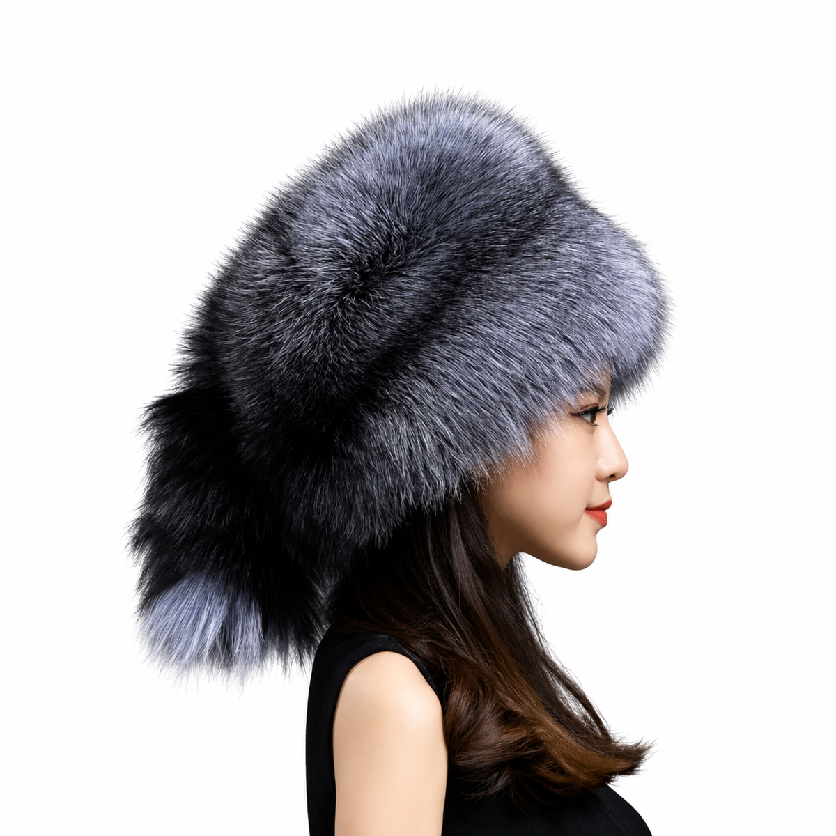 Model wearing MOGSki Smoke Grey Fox Tail Crown Hat, right-facing profile on white background