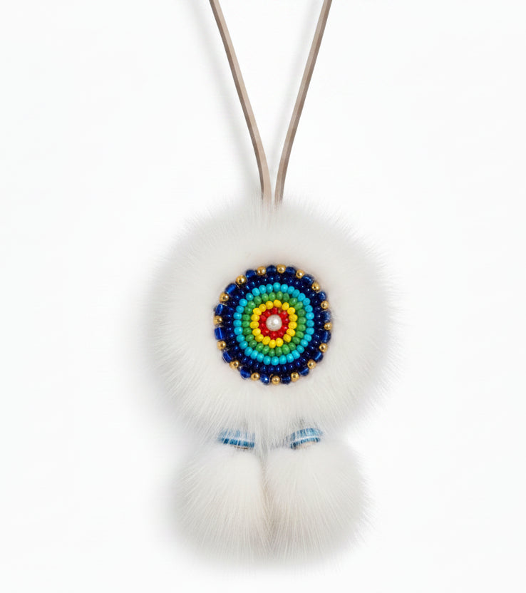 MOGSki handcrafted white mink fur brooch with multicolor beaded Mongolian mandala motif, luxury artisan jewelry Inner Mongolia