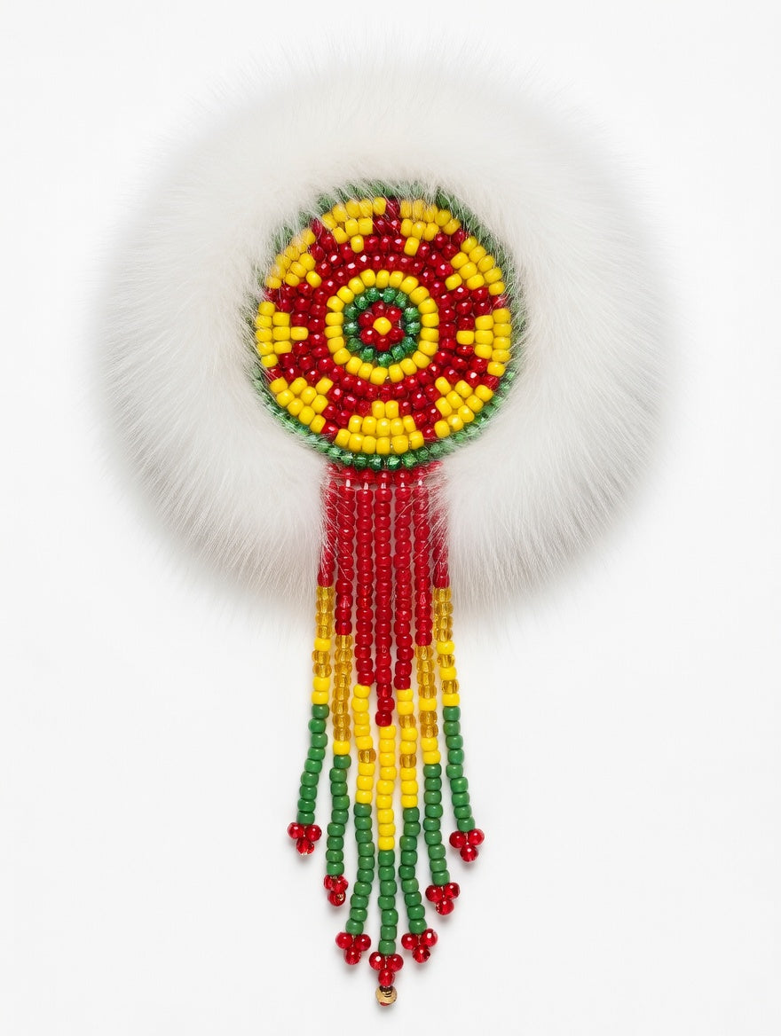 MOGSki natural white mink fur brooch with vibrant yellow and red beaded Mongolian sunflower, luxury artisan jewelry