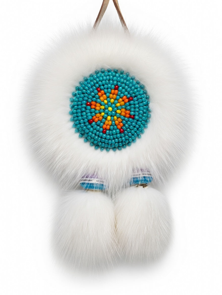 MOGSki handcrafted white mink fur disc with turquoise and blue beaded Mongolian sunflower, luxury artisan jewelry Mongolia