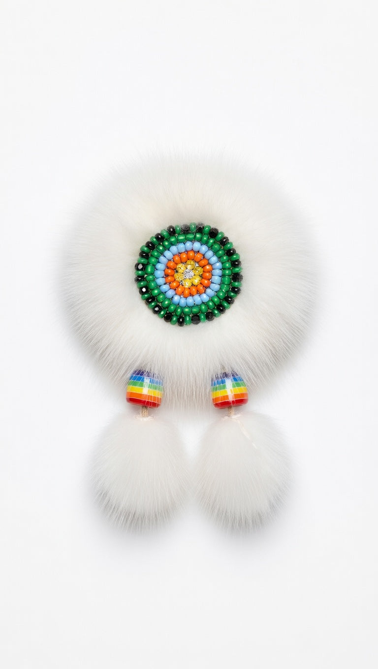 MOGSki natural white mink fur earrings with green beaded Mongolian motif and pompom drops, luxury artisan jewelry Mongolia