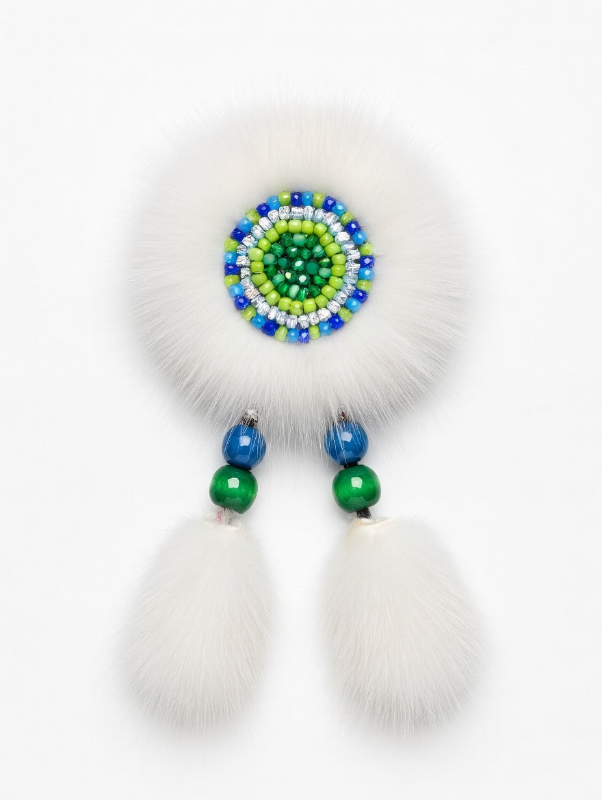 MOGSki natural white mink fur earrings with teal and green beaded Mongolian detail, luxury artisan jewelry Inner Mongolia