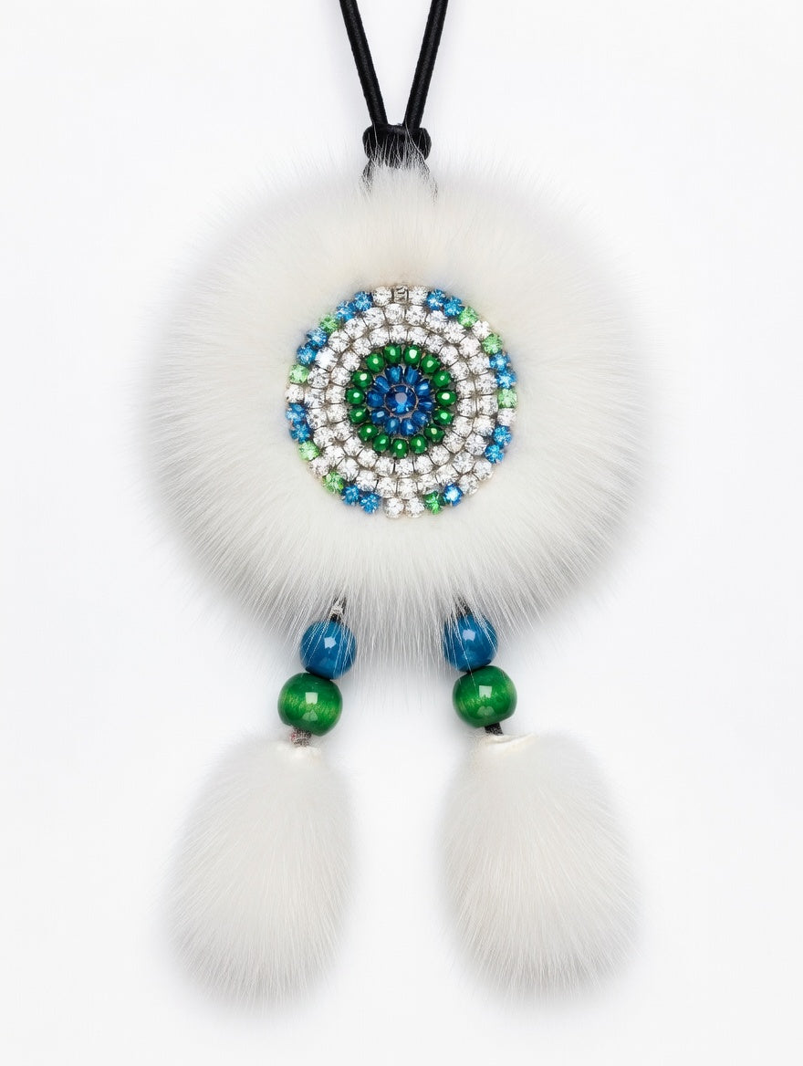 MOGSki natural white mink fur pendant with teal stone drops, handcrafted luxury artisan jewelry Inner Mongolian heritage