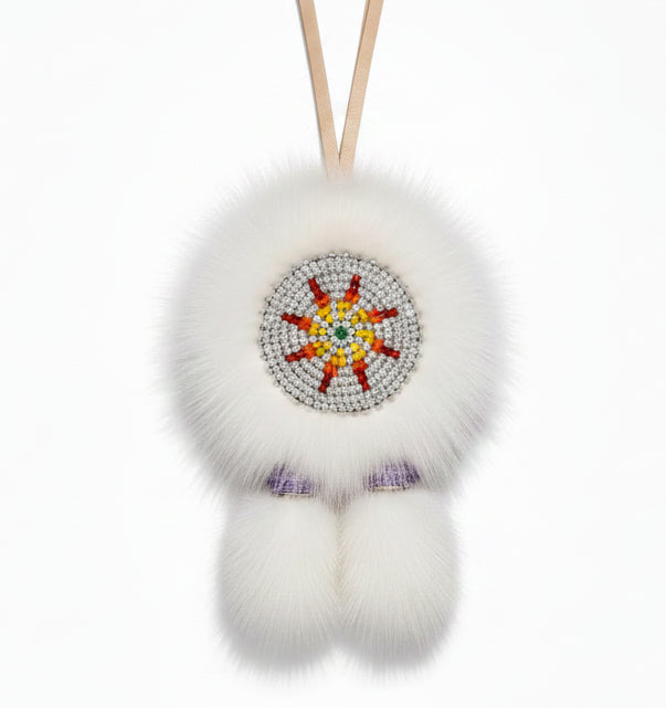 MOGSki natural white mink fur pompom pendant with hand-beaded center accent, luxury artisan jewelry from Inner Mongolia